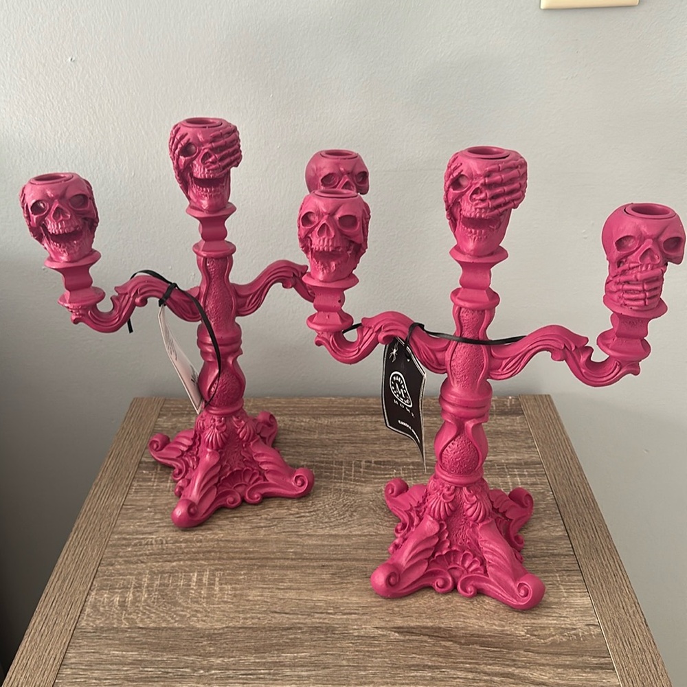 Martha Stewart Pink Halloween Taper Candle Holders Skull Skeletons NEW